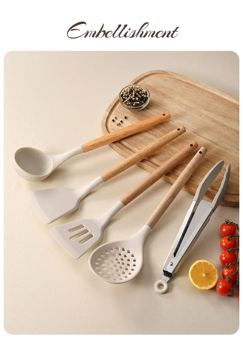 White wooden handle silicone 5-piece spatula Spoon soup spoon household cooking shovel non-stick pan food supplement kitchenware suit — feature 12