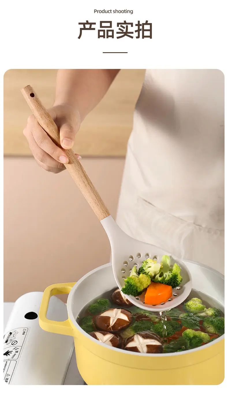 White wooden handle silicone 5-piece spatula Spoon soup spoon household cooking shovel non-stick pan food supplement kitchenware suit — feature 13