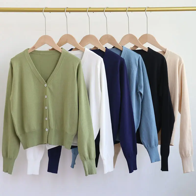 Women's Beige V-Neck Knit Cardigan Single Breasted - Image 7