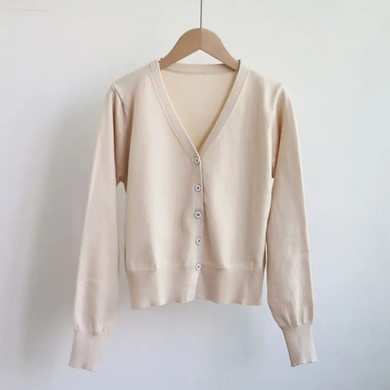 Women's Beige V-Neck Knit Cardigan Single Breasted - Image 4