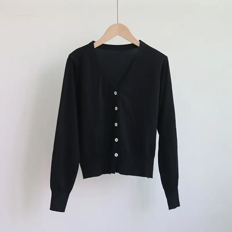 Women's Beige V-Neck Knit Cardigan Single Breasted - Image 2