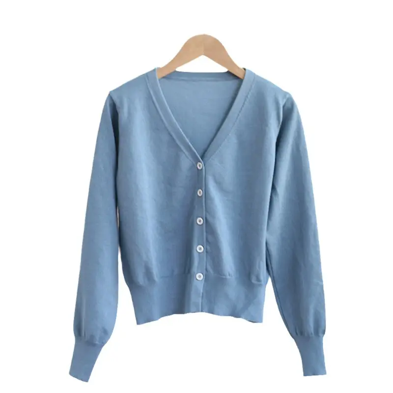 Women's Beige V-Neck Knit Cardigan Single Breasted - Image 8