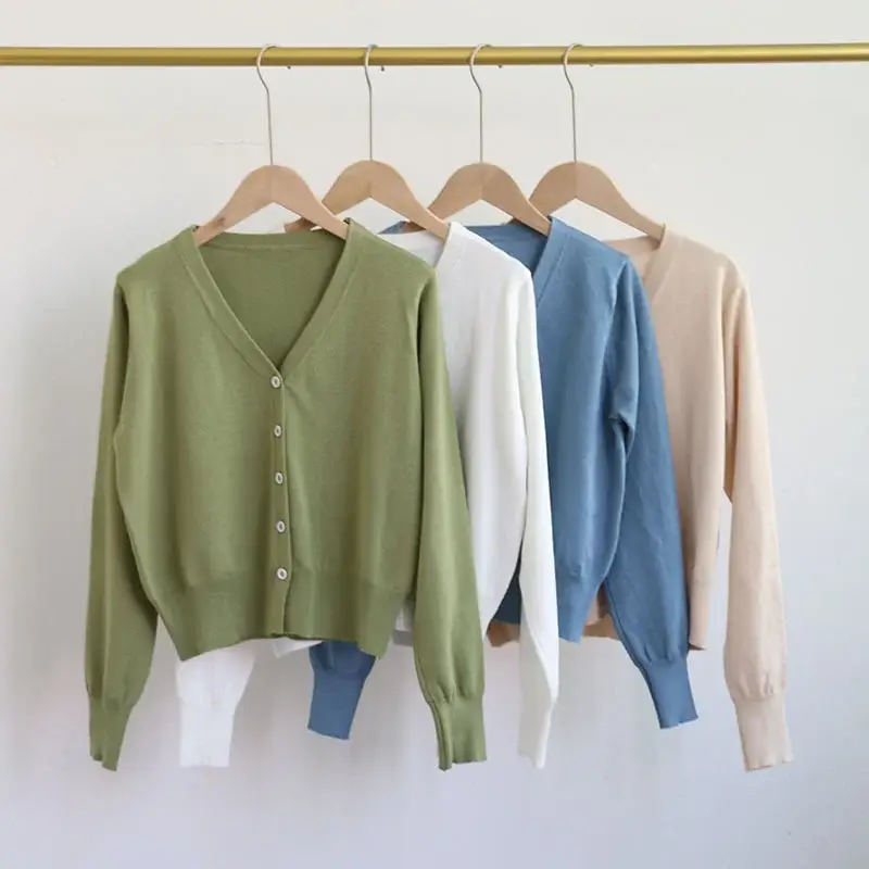 Women's Beige V-Neck Knit Cardigan Single Breasted — feature 16