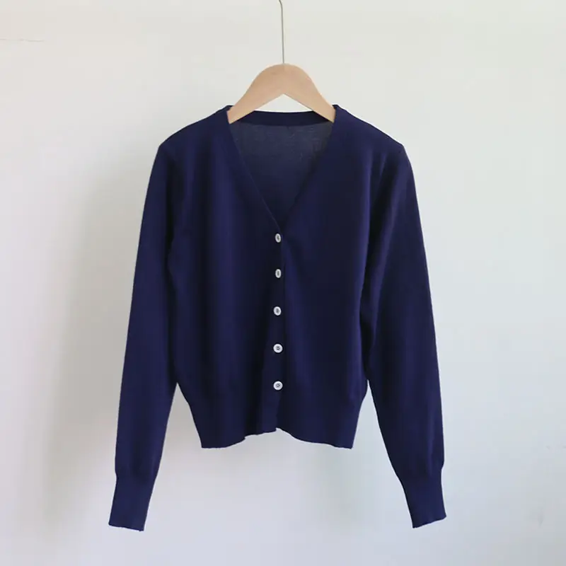 Women's Beige V-Neck Knit Cardigan Single Breasted - Image 3