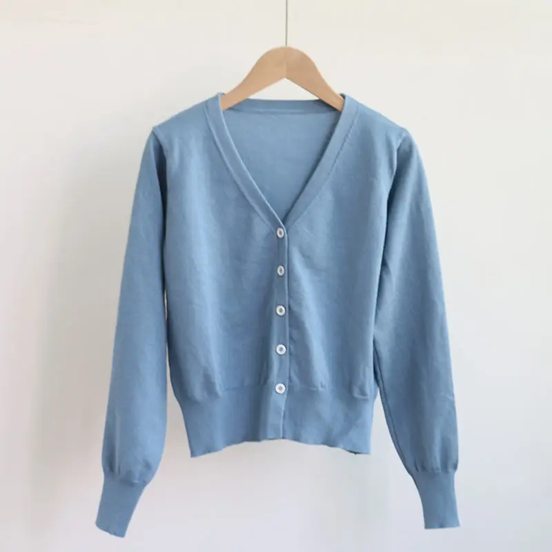 Women's Beige V-Neck Knit Cardigan Single Breasted - Image 5