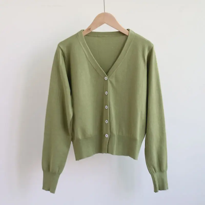 Women's Beige V-Neck Knit Cardigan Single Breasted - Image 6
