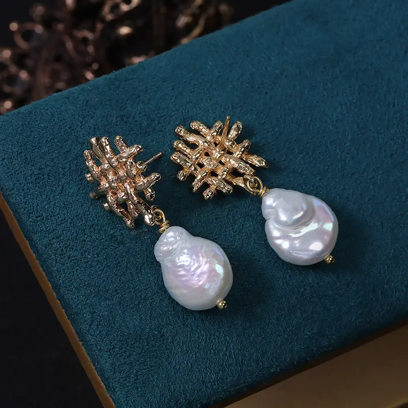 Irregular Hollow Pearl Earrings Vintage Baroque Design