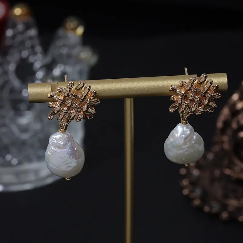 Irregular Hollow Pearl Earrings Vintage Baroque Design