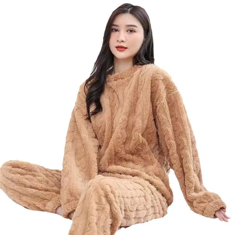 2025 New Winter Unisex Solid Color Jacquard Flannel Warm Suit Thickened Thermal Couple Loungewear