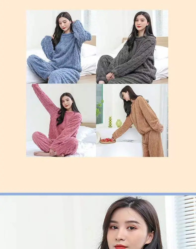 2025 New Winter Unisex Solid Color Jacquard Flannel Warm Suit Thickened Thermal Couple Loungewear — feature 1