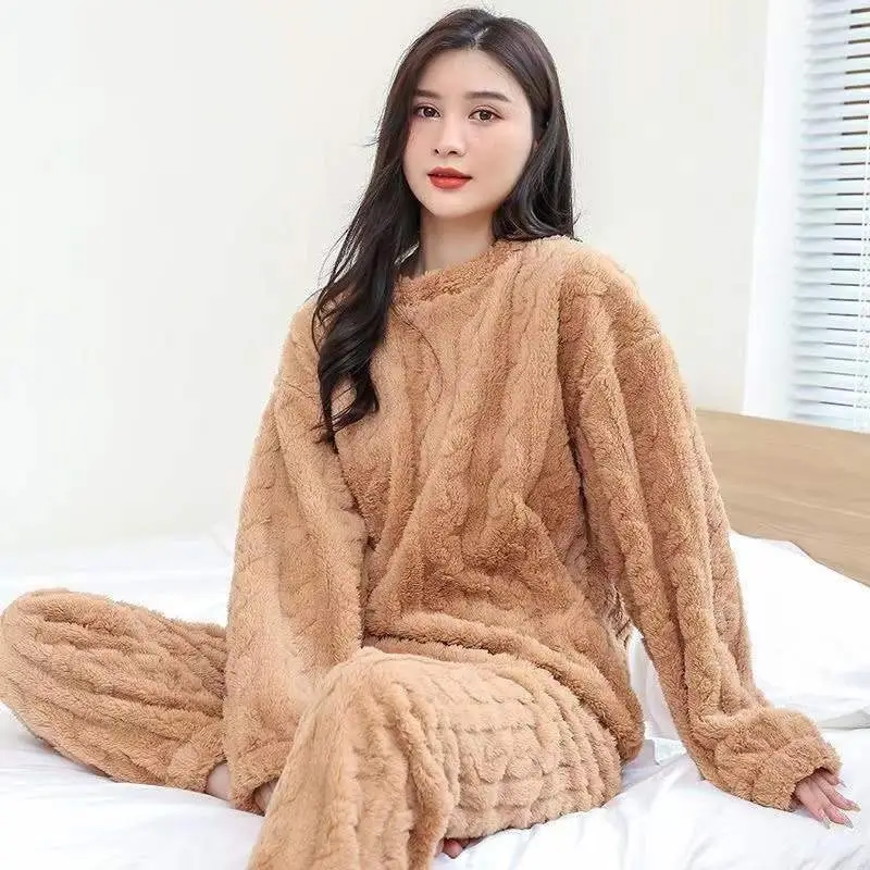 2025 New Winter Unisex Solid Color Jacquard Flannel Warm Suit Thickened Thermal Couple Loungewear — feature 6