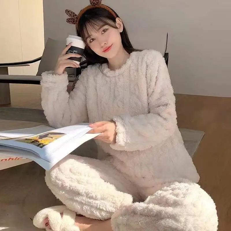 2025 New Winter Unisex Solid Color Jacquard Flannel Warm Suit Thickened Thermal Couple Loungewear