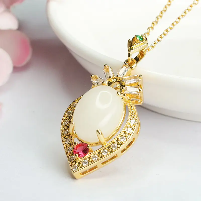 Heart Shaped White Jade Pendant Necklace with Red Stones - Image 3