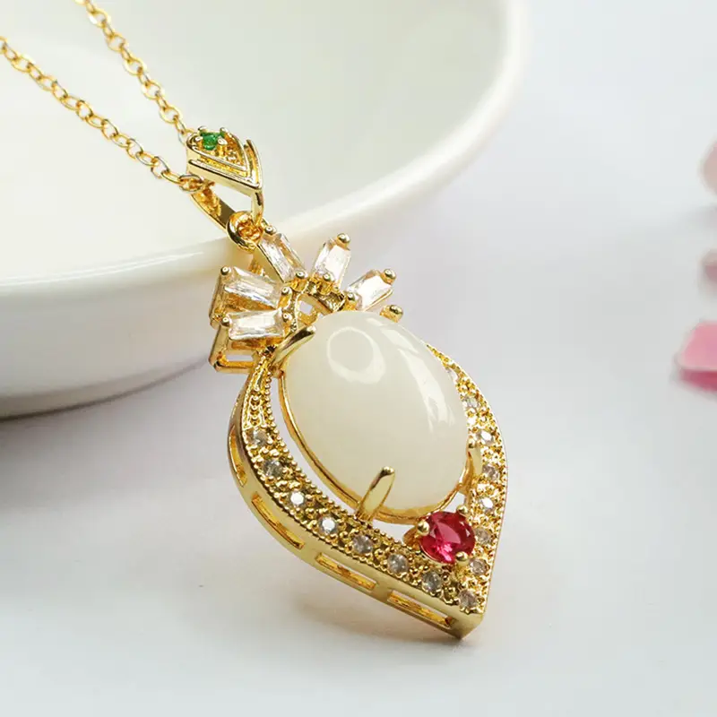 Heart Shaped White Jade Pendant Necklace with Red Stones - Image 4