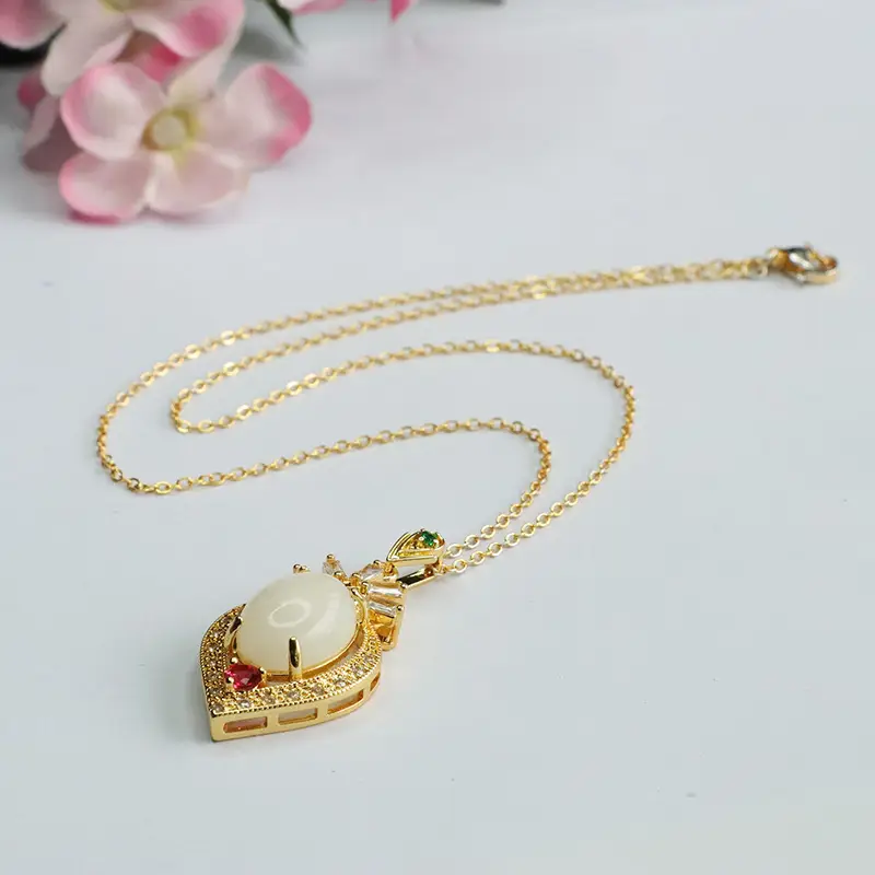 Heart Shaped White Jade Pendant Necklace with Red Stones - Image 5