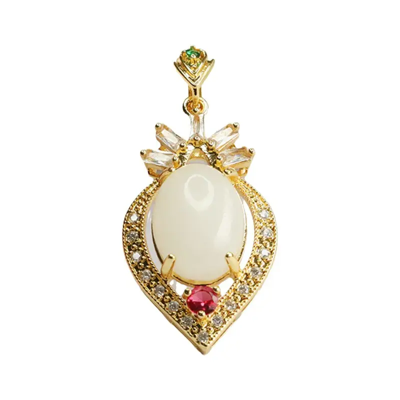 Heart Shaped White Jade Pendant Necklace with Red Stones - Image 6
