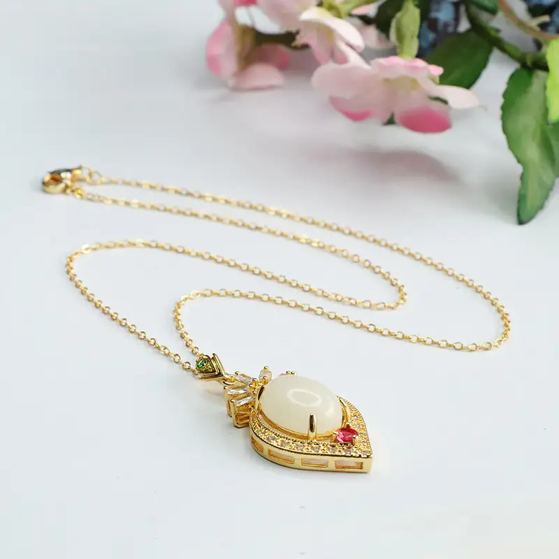 Heart Shaped White Jade Pendant Necklace with Red Stones — feature 12