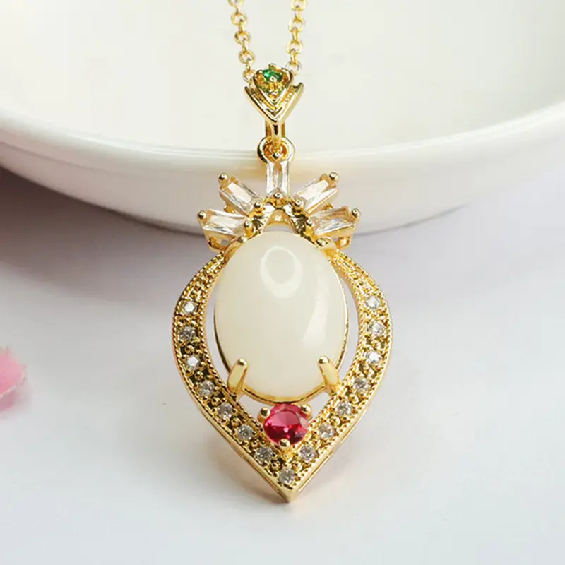 Heart Shaped White Jade Pendant Necklace with Red Stones — feature 4