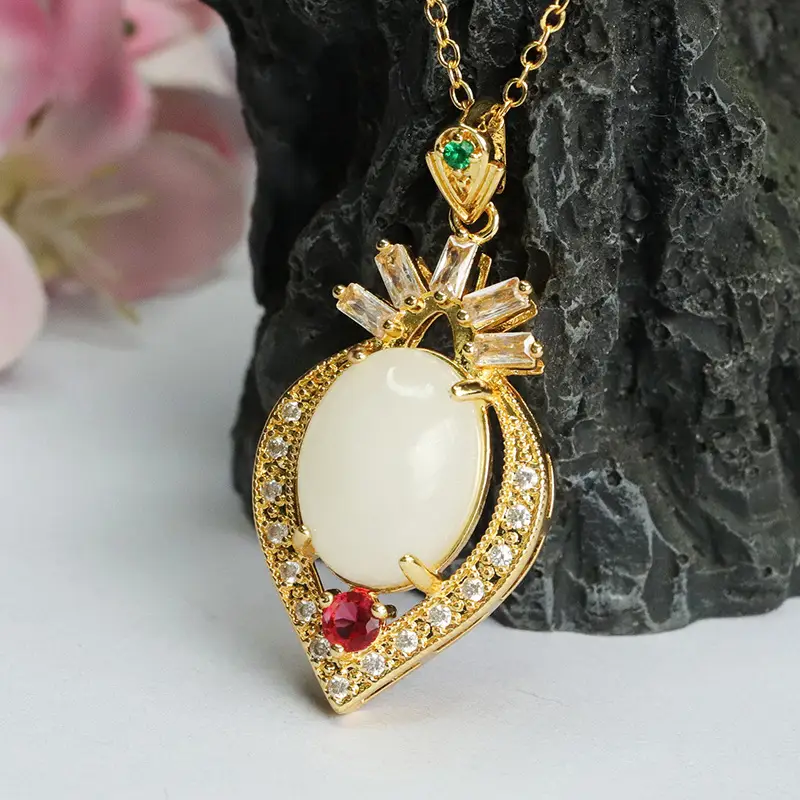 Heart Shaped White Jade Pendant Necklace with Red Stones — feature 8