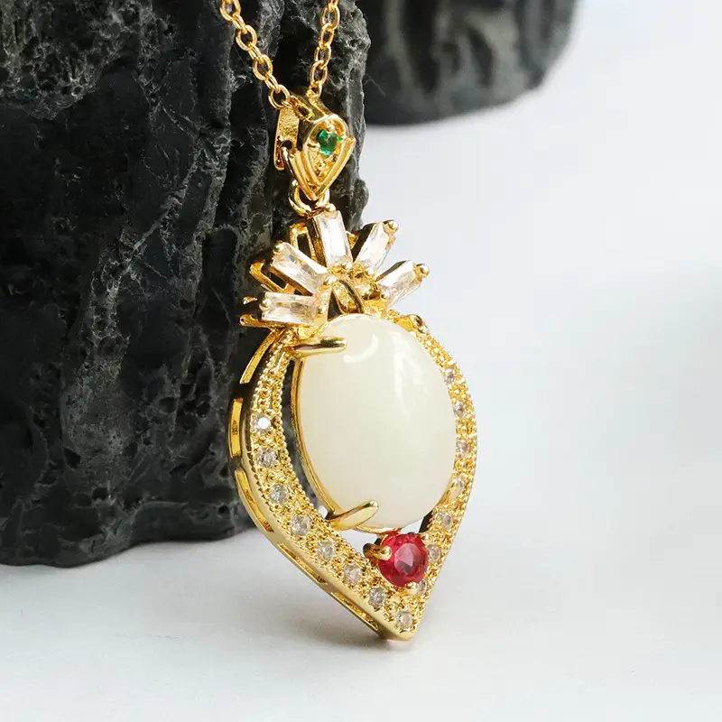 Heart Shaped White Jade Pendant Necklace with Red Stones — feature 9