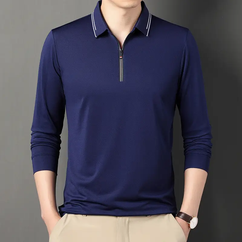 2024 Spring Men's Blue Zipper Polo Shirt with Sleeve - Image 8
