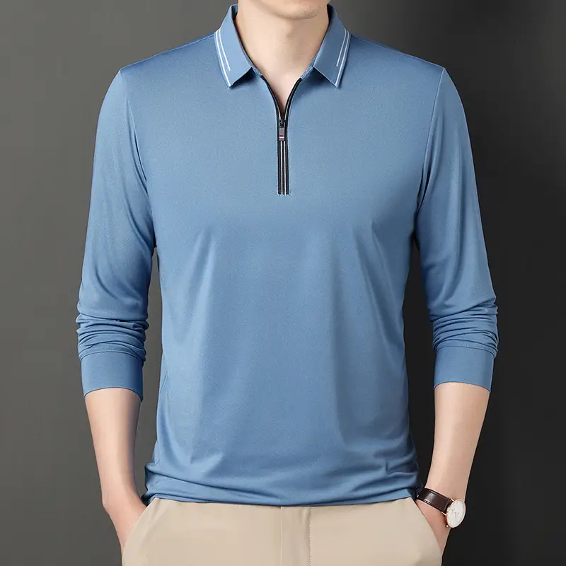 2024 Spring Men's Blue Zipper Polo Shirt with Sleeve - Image 9