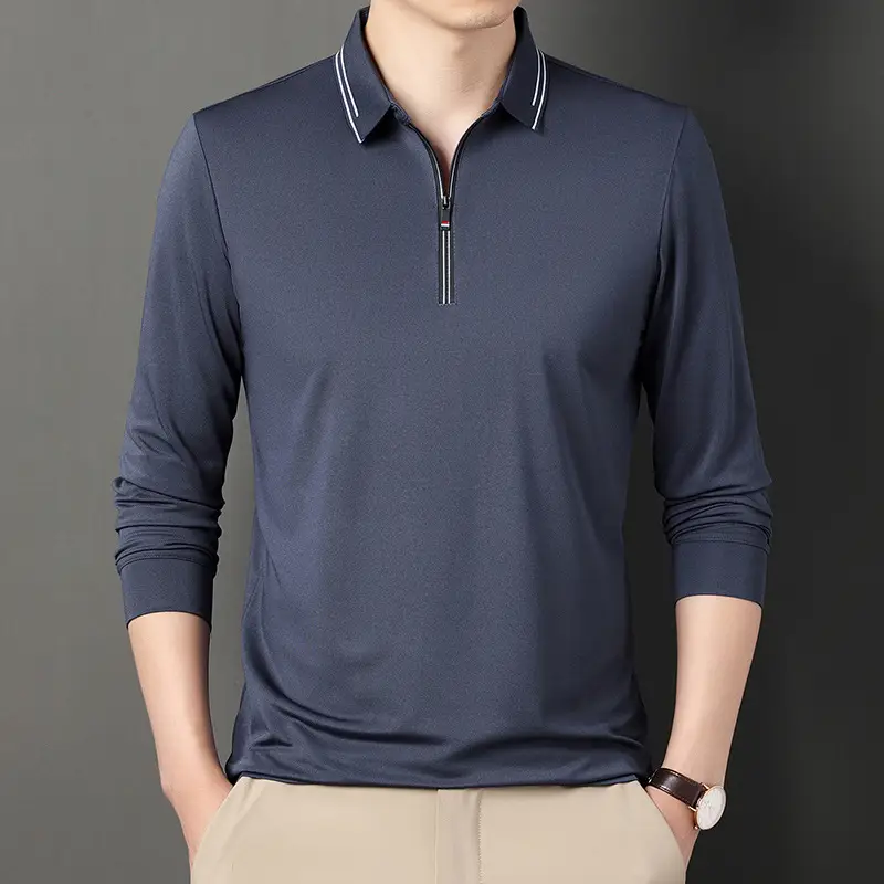 2024 Spring Men's Blue Zipper Polo Shirt with Sleeve - Image 10