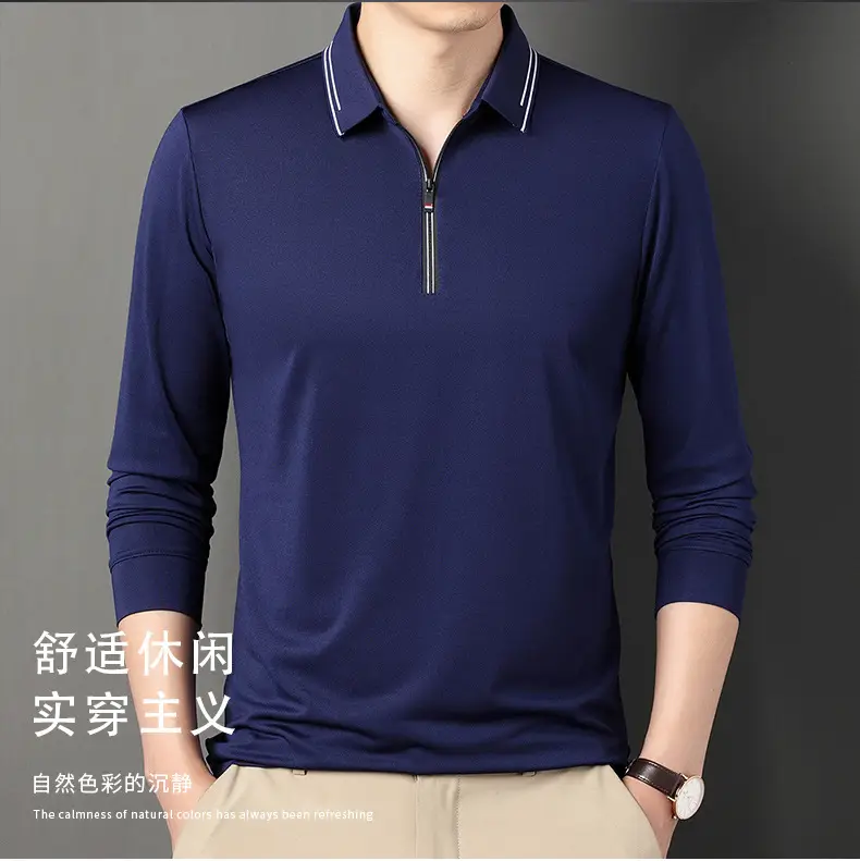 2024 Spring Men's Blue Zipper Polo Shirt with Sleeve — feature 19