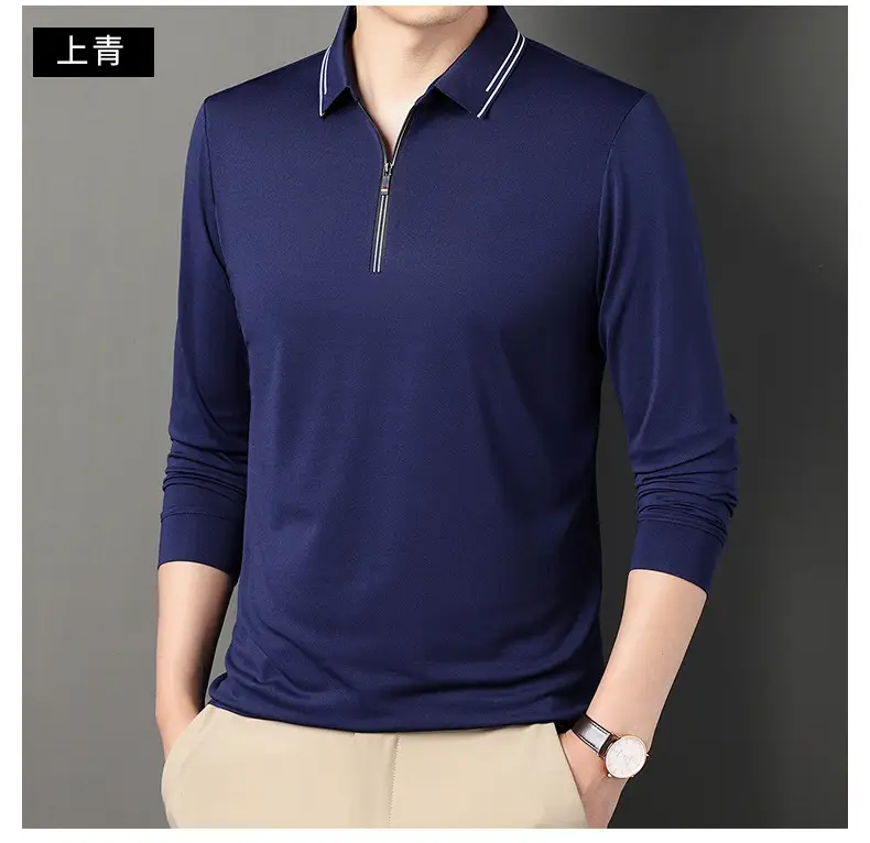 2024 Spring Men's Blue Zipper Polo Shirt with Sleeve — feature 31