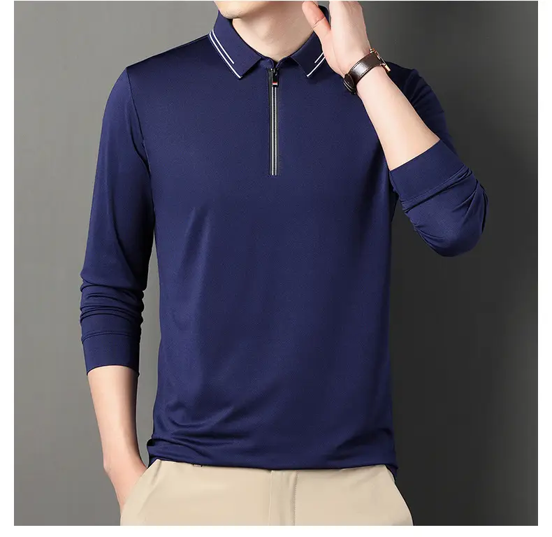 2024 Spring Men's Blue Zipper Polo Shirt with Sleeve — feature 32