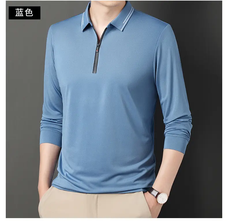2024 Spring Men's Blue Zipper Polo Shirt with Sleeve — feature 35