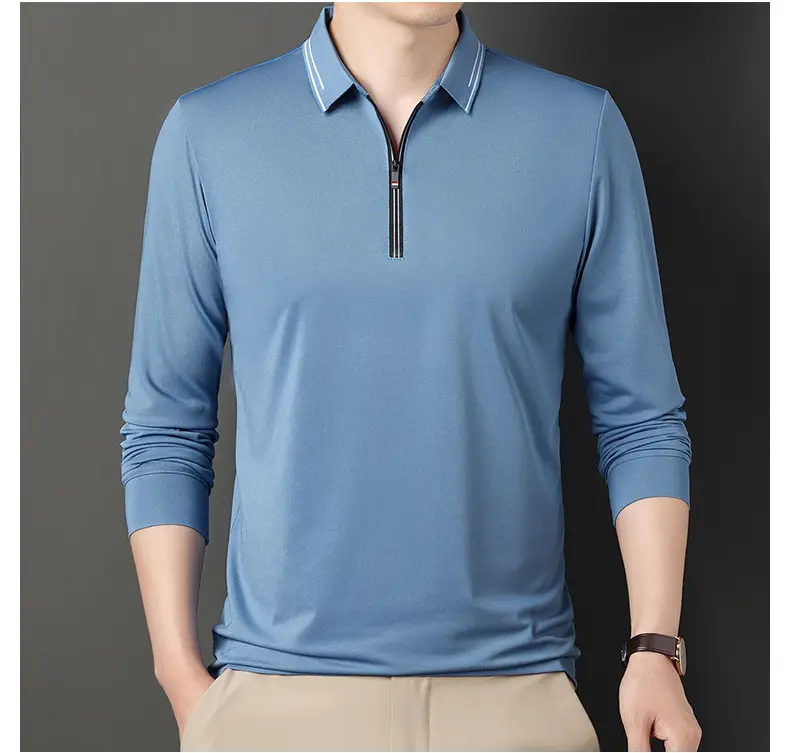 2024 Spring Men's Blue Zipper Polo Shirt with Sleeve — feature 36