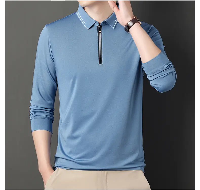 2024 Spring Men's Blue Zipper Polo Shirt with Sleeve — feature 37