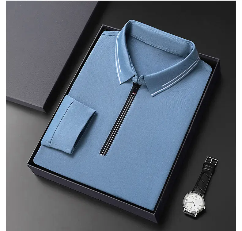 2024 Spring Men's Blue Zipper Polo Shirt with Sleeve — feature 38