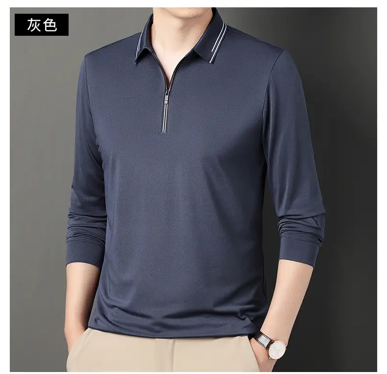 2024 Spring Men's Blue Zipper Polo Shirt with Sleeve — feature 39