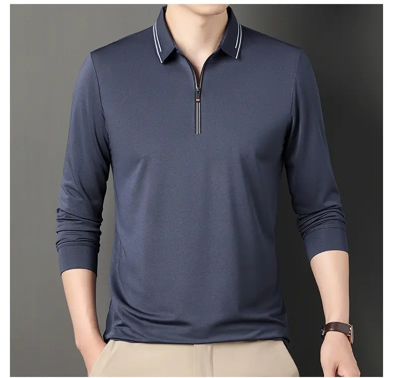 2024 Spring Men's Blue Zipper Polo Shirt with Sleeve — feature 40