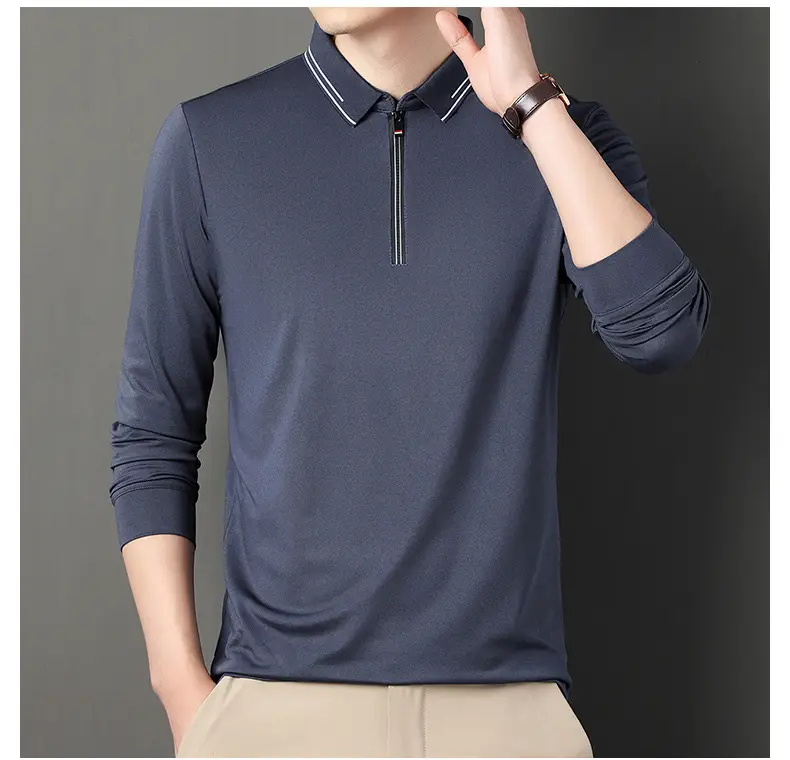 2024 Spring Men's Blue Zipper Polo Shirt with Sleeve — feature 41