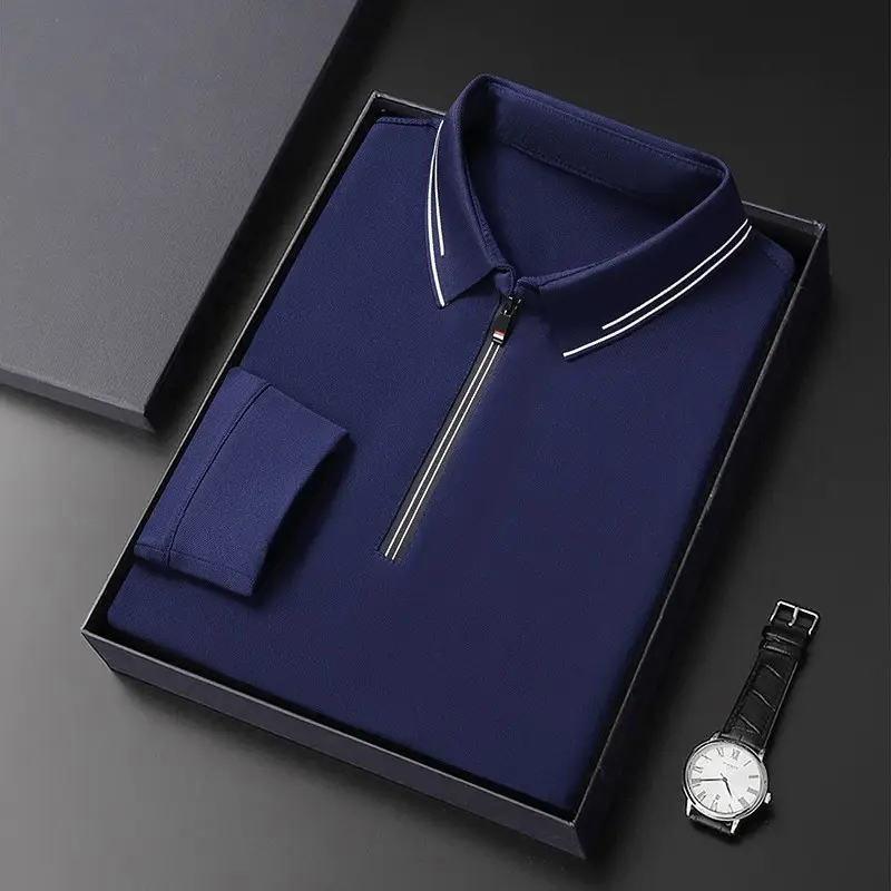 2024 Spring Men's Blue Zipper Polo Shirt with Sleeve - Image 2