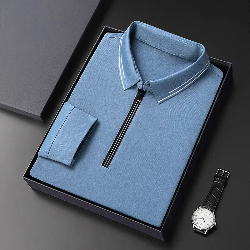 2024 Spring Men's Blue Zipper Polo Shirt with Sleeve - Image 3