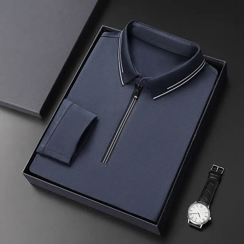 2024 Spring Men's Blue Zipper Polo Shirt with Sleeve - Image 4