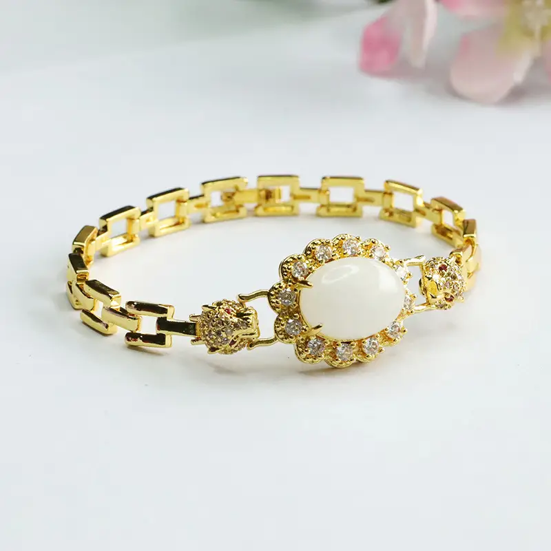 Gold White Jade Leopard Head Bracelet with Crystal Accents - Image 3