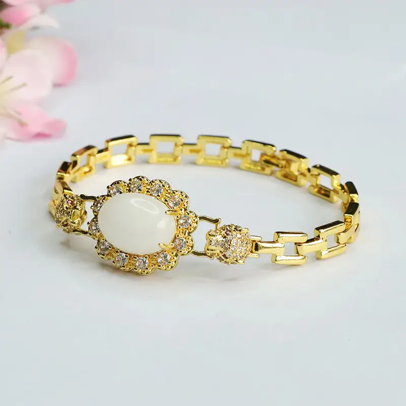 Gold White Jade Leopard Head Bracelet with Crystal Accents - Image 4