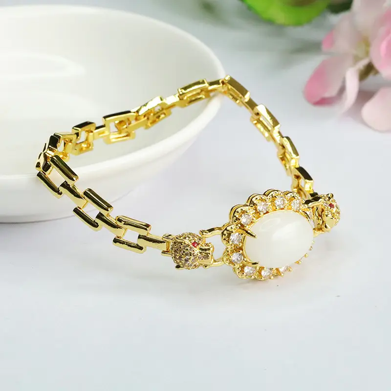 Gold White Jade Leopard Head Bracelet with Crystal Accents - Image 5