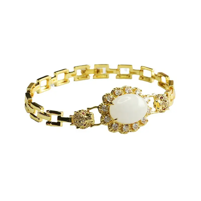 Gold White Jade Leopard Head Bracelet with Crystal Accents - Image 6