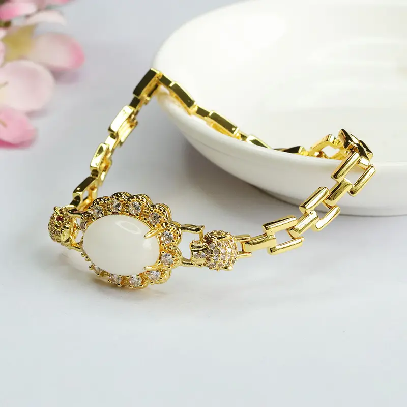 Gold White Jade Leopard Head Bracelet with Crystal Accents — feature 10