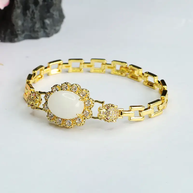 Gold White Jade Leopard Head Bracelet with Crystal Accents — feature 8