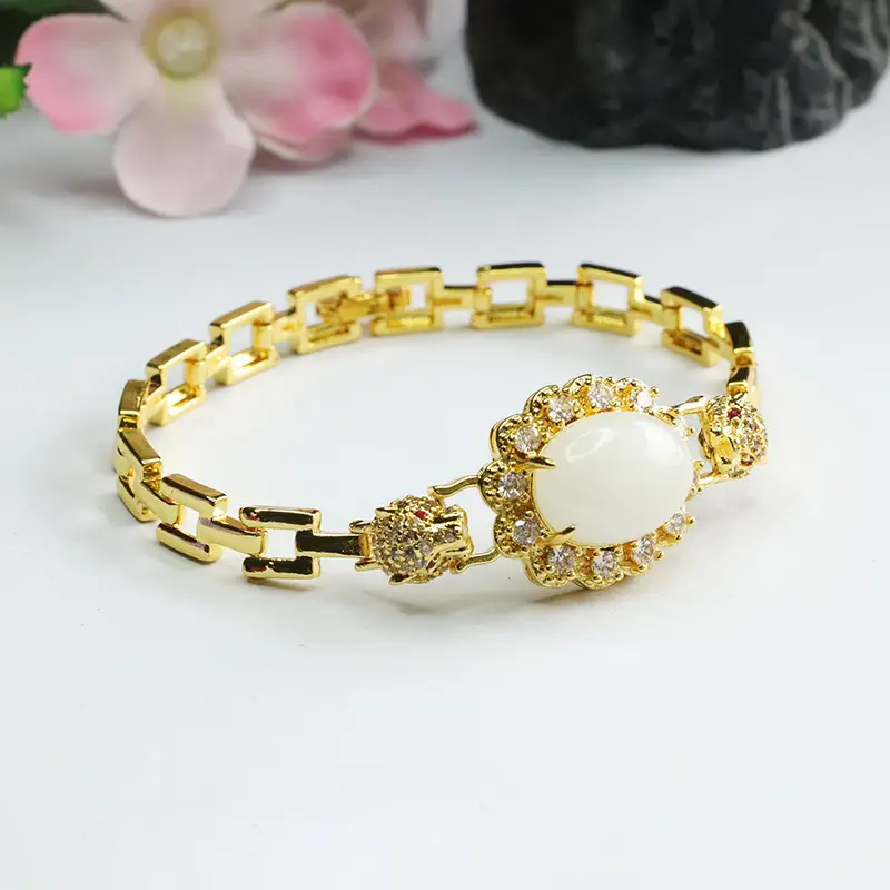 Gold White Jade Leopard Head Bracelet with Crystal Accents — feature 9