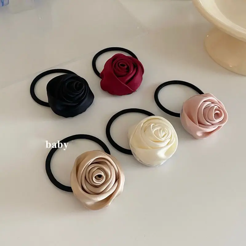 French Satin Rose Hair Ponytail Head Rope - Image 7