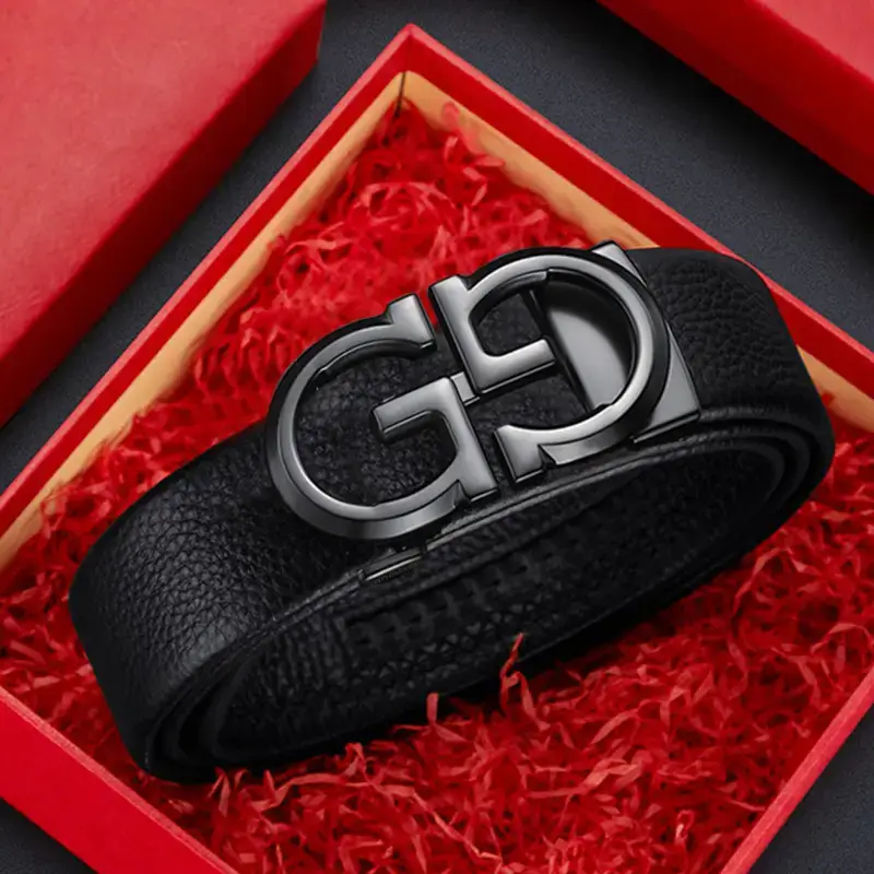 Gold Plated Black Leather Belt with Automatic Buckle - Image 5
