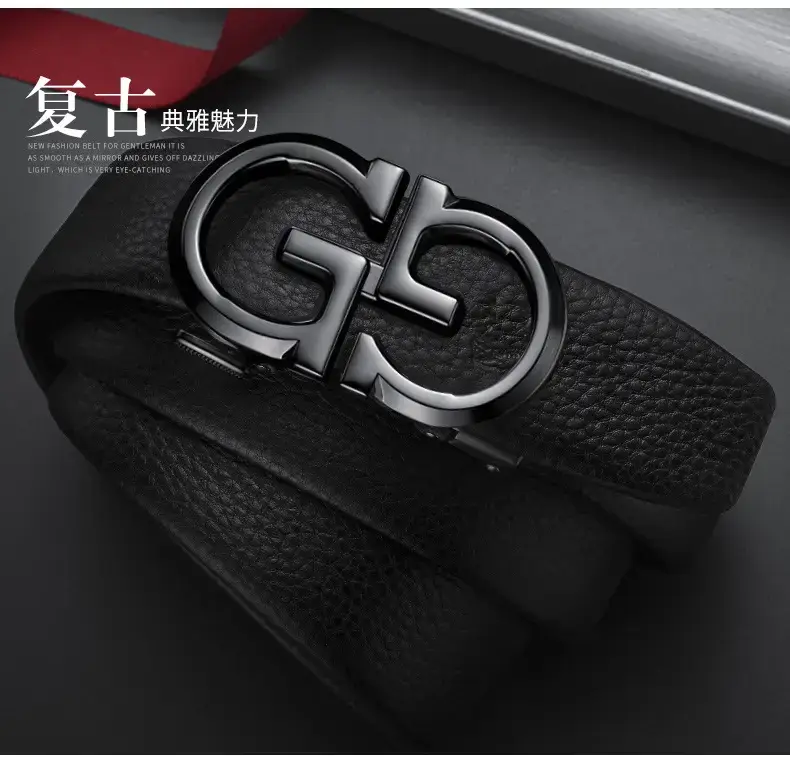 Gold Plated Black Leather Belt with Automatic Buckle β feature 2